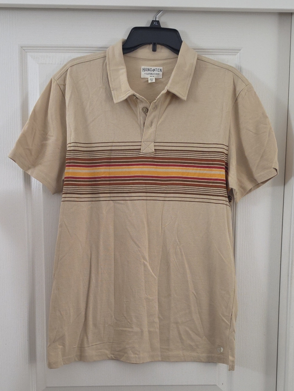 Hang Ten | Beige/Tan Polo Shirt with Earth-Toned Vintage Style Stripes Size M